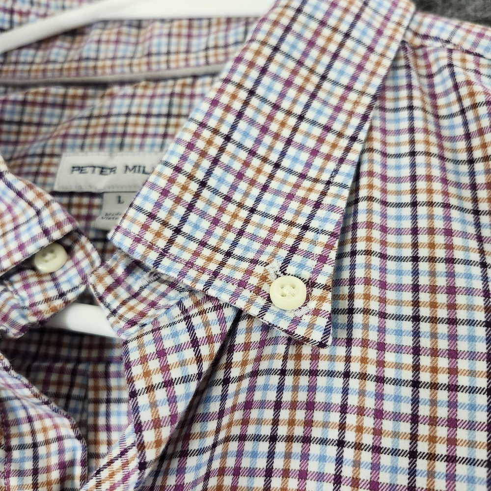 Peter Millar Shirt Adult Large Blue Brown Plaid Button Up Linen Cotton Mens - Picture 4 of 10